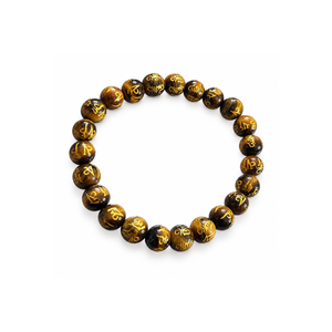 Bracelet en pierre naturelle œil de tigre, perles en forme de boule, gravé Om Mani Padma, taille unique - Product Image 1