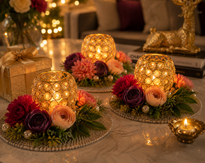 Porte-bougie en cristal doré avec fleurs artificielles |   Porte-bougie décoratif pour la décoration de la maison et les décorations festives - Product Image 2