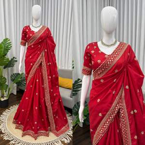 Sari Rouge Vichitra de Créateur Exclusif avec Blouse Élégante – Tenue de Soirée Indienne Tendance, Chic et Modeste pour Femme - Product Image 2