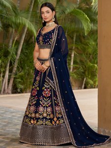 Navy Blue A-Line Floor-Length Embroidered <b>Lehenga</b> Choli with Floral Print and Organza Dupatta for Bridesmaid Wear - Product Image 4