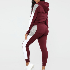 Women Maroon Hooded <b>Tracksuit</b> Set Full Sleeve Color Blocking Casual Autumn Wear Drawstring Pants Side Pockets - Product Image 3