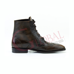 Bottes à lacets pour hommes en cuir véritable, style brogue à bout ailé, gaufré crocodile, vintage, formelles, pour affaires, style classique - Product Image 3