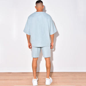 Conjunto de Camiseta y Pantalones Cortos de Algodón Azul Claro para Hombre, Ropa Casual de Verano, Transpirable, Cuello Redondo, Color Sólido - Product Image 3