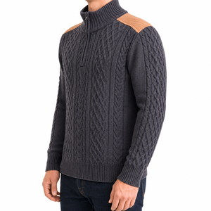 <b>Men</b>’s Heritage Cable Knit <b>Turtleneck</b> Zip Sweater with Faux Suede Shoulder Panels Winter Pullover | OEM ODM Manufacturer - Product Image 2