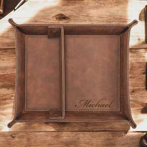 Practical Genuine Leather Tray Folding Metal Snap Valet <b>Coin</b> Key Holder Custom Real Cowhide Leather Tray GLTY-0022 - Product Image 2