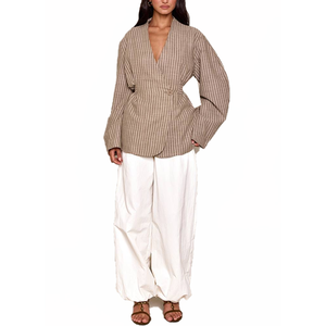 Nueva Chaqueta Blazer Cruzada de Lino y Algodón a Rayas para Mujer, Cuello en V, Botón Único, con Lazo en la Cintura, Casual, Holgada, Oversize, Verano, Venta al por Mayor - Product Image 1