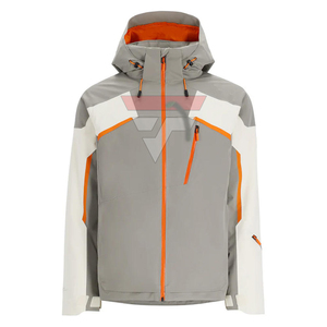 Veste de ski à capuche pour homme, gris et orange, avec blocs de couleur, imperméable, fermeture éclair, isolation synthétique, vêtements d'extérieur, softshell, hiver - Product Image 1