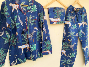 Ensemble de pyjama en coton 100% fait main en Inde, imprimé jungle, vêtements de nuit, pyjama en coton doux - pyjama en pur coton, pyjama à imprimé bloc - Product Image 3