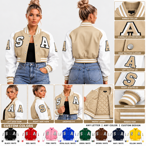 <b>Women</b>’s Custom Cropped Varsity <b>Jacket</b> Purple & White Chenille Letterman <b>Jacket</b> with <b>Embroidered</b> Patches <b>Women's</b> <b>Jackets</b> - Product Image 5
