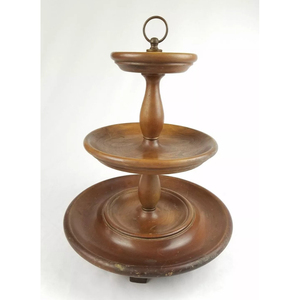 Rustic 2 Tier Wooden Cake Stand With Beaded <b>Edge</b> and Metal Handle Handcrafted Mango Wood Two-Tiered Serving Tray For Wedding - Product Image 3