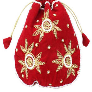Bolsa Potli Pakistaní Roja Bordada, Bolsa de Terciopelo con Cordón, Adorno de Perlas, Porta Joyas para Mujer - Product Image 3