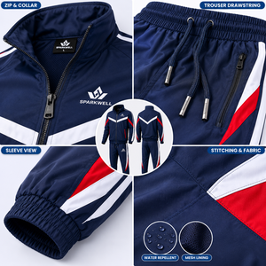 Custom Unisex Navy Red White Color Block Tracksuit Full <b>Zip</b> <b>Hooded</b> Jacket and Pants Set Polyester Regular Fit Adult Autumn Sport - Product Image 5