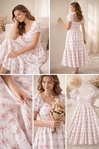 เดรสผ้าพิมพ์ลายดอกไม้แบบแฮนด์บล็อก คอรูปหัวใจ แขนสั้นพอง เอวยางยืด ยาวแบบแม็กซี่ ผลงานแฮนด์เมดชิ้นเอก - Product Image 3