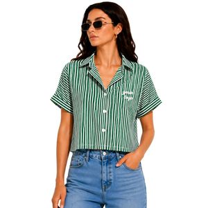 Camisa corta a rayas verde y blanca personalizada para mujer, logotipo bordado personalizado, blusa informal de verano con botones y manga corta, OEM - Product Image 1