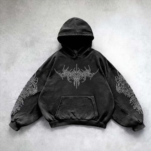 Custom Designer Streetwear Unisex Heavyweight Cropped Hoodie Acid Wash Embroidery Applique Patchwork Distressed Hoodies Men - Product Image 2
