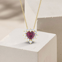 Collier Cœur Halo Tendance 2026 en Or Jaune 14 carats Fait Main avec Grenat Rhodolite Naturel 5mm Sertie à Griffes et Diamant, Prêt à l'Expédition