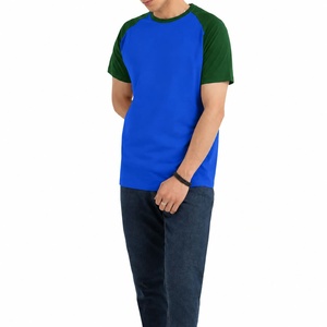 Men's Blue Green Raglan Sleeve O-Neck Regular Fit Spandex Jersey Eco-Friendly T-Shirt Solid Color Casual Style Contrast <b>Trim</b> - Product Image 3