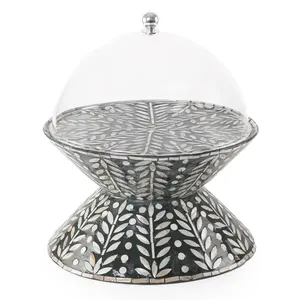 Outstanding mother of pearl <b>cake</b> <b>stand</b>, ash grey floral handmade shell tier container set with <b>dome</b> for boutiques - Product Image 4