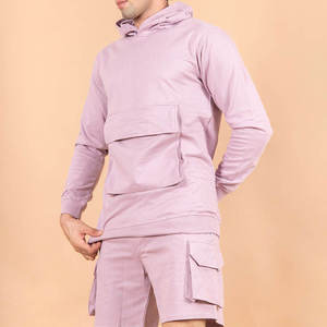 ชุดเซ็ตเสื้อฮู้ดสีพื้นและกางเกงขาสั้นคาร์โก้สำหรับผู้ชาย ชุดลำลองใส่สบายสำหรับฤดูร้อน แขนยาว ทรงปกติ ผ้าฝ้ายระบายอากาศได้ดี - Product Image 5
