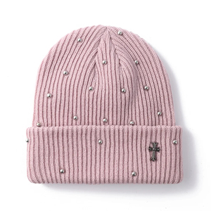 Luxury Shiny Rhinestone Cross Decoration Beanie Winter Daily Cuffed Ribbed Knit <b>Hat</b> - Product Image 1