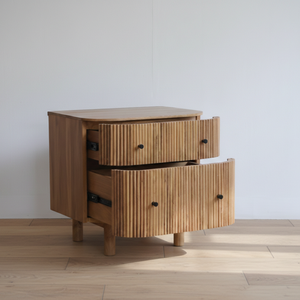 Mesa de Noche Moderna de Madera Maciza de Teca con Altura Ajustable, Dos Cajones, Acabado Natural para Dormitorio, Sala de Estar, Hogar y Hotel - Product Image 6