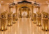 Mandap de mariage en fibre de verre, double pilier, doré, de luxe, moderne, durable, opulent, thème Bollywood, USA