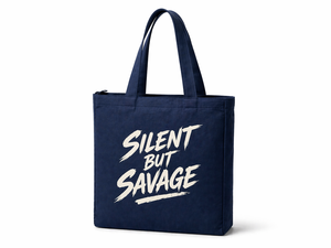 Sac fourre-tout en toile bleu marine Silent But Savage avec fermeture à glissière et longue poignée, sac de courses réutilisable - Product Image 1