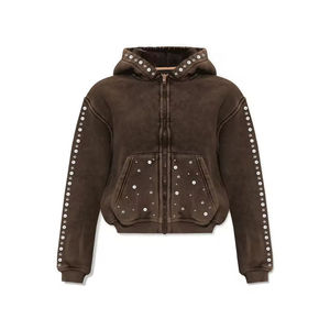 Sweat à capuche pour homme style streetwear, zippé, en coton délavé à l'acide, orné de perles et pierres précieuses, en vente - Product Image 5