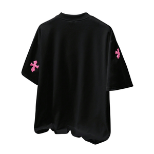 Black Women's Summer Breathable Knitted Loose <b>T</b> <b>Shirt</b> Pink Bow Embroidery Short Sleeve Crew Neck Casual Streetwear - Product Image 2