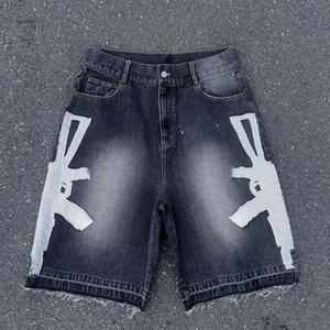 Men's Washed Denim Bermuda Shorts With Gun Print Casual Style Mid Waist Button Fly 100% Cotton <b>Bleached</b> Design - Product Image 6