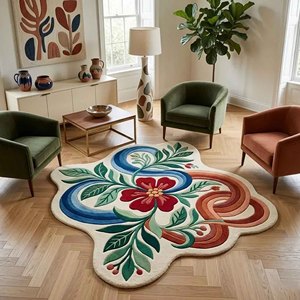 Tapis moderne à motifs floraux, tapis en laine botanique irrégulier, tapis décoratif coloré à fleurs et feuilles en peluche pour salon, chambre à coucher, maison - Product Image 3
