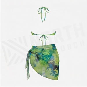 Ensemble bikini 2 pièces pour femme, imprimé plantes tropicales, haut croisé à bretelles croisées avec jupe enveloppante, maillot de bain extensible en spandex et polyester - Product Image 2