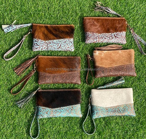 Nuevo estilo occidental piel de vaca Real tallado cuero muñequera embrague diseño hecho a mano multiuso mujeres monederos gran oferta borla cartera - Product Image 3