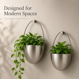 Silver Metal <b>Wall</b> <b>Hanging</b> <b>Planter</b> Pots with Arched Handles | Modern Oval Stainless Steel Finish Plant Holders for <b>Indoor</b> Outdoor - Product Image 5