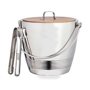 Cubo de Hielo de Acero Inoxidable con Tapa de Madera y Pinzas para Hielo, Enfriador de Bebidas Redondo Aislado - Product Image 2