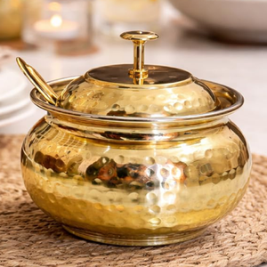 Solid brass ghee <b>pot</b> boasting a distinct brushed metal texture and a matching slotted spoon. Available at wholesale price. - Product Image 5