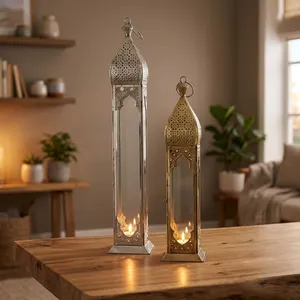 Ensemble de lanternes marocaines en métal et verre, faites à la main, perforées, style vintage, porte-bougies, décoration islamique traditionnelle, élégante décoration de jardin et de maison - Product Image 2