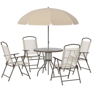 Set da pranzo da 6 pezzi Beige con ombrellone sedie pieghevoli e tavolo in vetro per la configurazione dei pasti all'aperto - Product Image 1