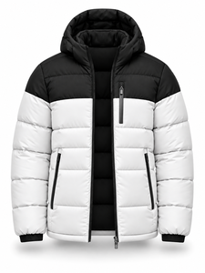 Men's Black White Color Block Hooded Puffer <b>Jacket</b> Waterproof Windproof <b>Casual</b> Zipper Front Polyester Wadding Winter Regular - Product Image 3