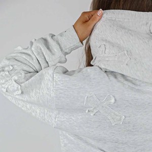 Ensemble de survêtement 2 pièces gris en polaire pour femme, coupe ample, à capuche, décontracté, manches longues, motif croisé gaufré - Product Image 3