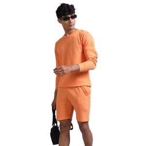 <b>Men's</b> <b>Orange</b> Crew Neck <b>Sweatshirt</b> and Shorts Set Solid Color Knitted Breathable Casual Summer Outfit - Product Image 3