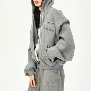 Conjunto Deportivo 2 en 1 para Mujer, Color Gris Sólido, con Capucha, Ecológico, Manga Larga, Cintura Elástica, Ropa Casual de Invierno, Transpirable, Poliéster, Corte Regular - Product Image 4
