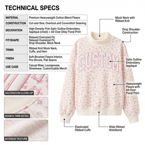 OEM Custom Heavyweight Fleece <b>Floral</b> Applique Oversized Drop Shoulder Pullover Women's Mock Neck <b>Sweatshirt</b> Anti-Pilling-Front - Product Image 5