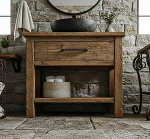 Meuble de salle de bain rustique en bois massif avec vasque simple, rangement sur comptoir et étagère ouverte pour la maison - Product Image 1