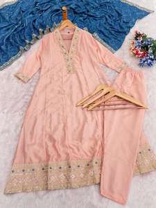 New Trendy Long Designers <b>Silk</b> Embroidered <b>Kurta</b> Pant Dupatta Set Casual Wear Traditional Fully Stitched Dress - Product Image 2