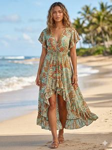 Vestido Maxi de Seda Tejida con Estampado Paisley, Estilo Bohemio Coreano Y2K, Talla Única, Cuello en V, Casual, Dulce, para Verano - Product Image 2