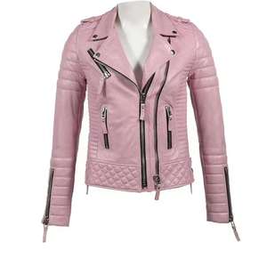 Women's Sheep Skin Leather Jacket (<b>3</b> Colors) Biker Jacket with Zip Pockets Vintage Regular Coat Eco-Friendly for Winter - Product Image 3