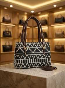 Geometric Print Fleece Tote Bag Set Soft Plush Shoulder Handbag with Matching Pouch for Shopping Travel Daily Use - Product Image 2