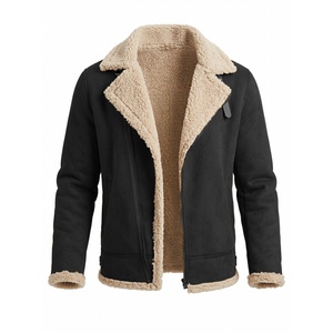 <b>Men's</b> <b>Black</b> Genuine Leather Shearling <b>Coat</b> Jacket Notched Collar Zipper Fleece Lined Winter <b>Coat</b> - Product Image 1