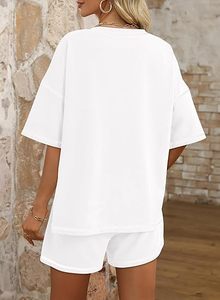 Ensemble deux pièces tendance pour femme en tricot gaufré, col rond, t-shirt oversize et short, tenue décontractée pour tous les jours - Product Image 4